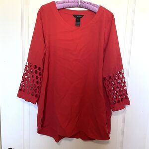 Ali Miles Tunic Top Embroidered Cut Out 3/4 Sleeves Red Size Large
